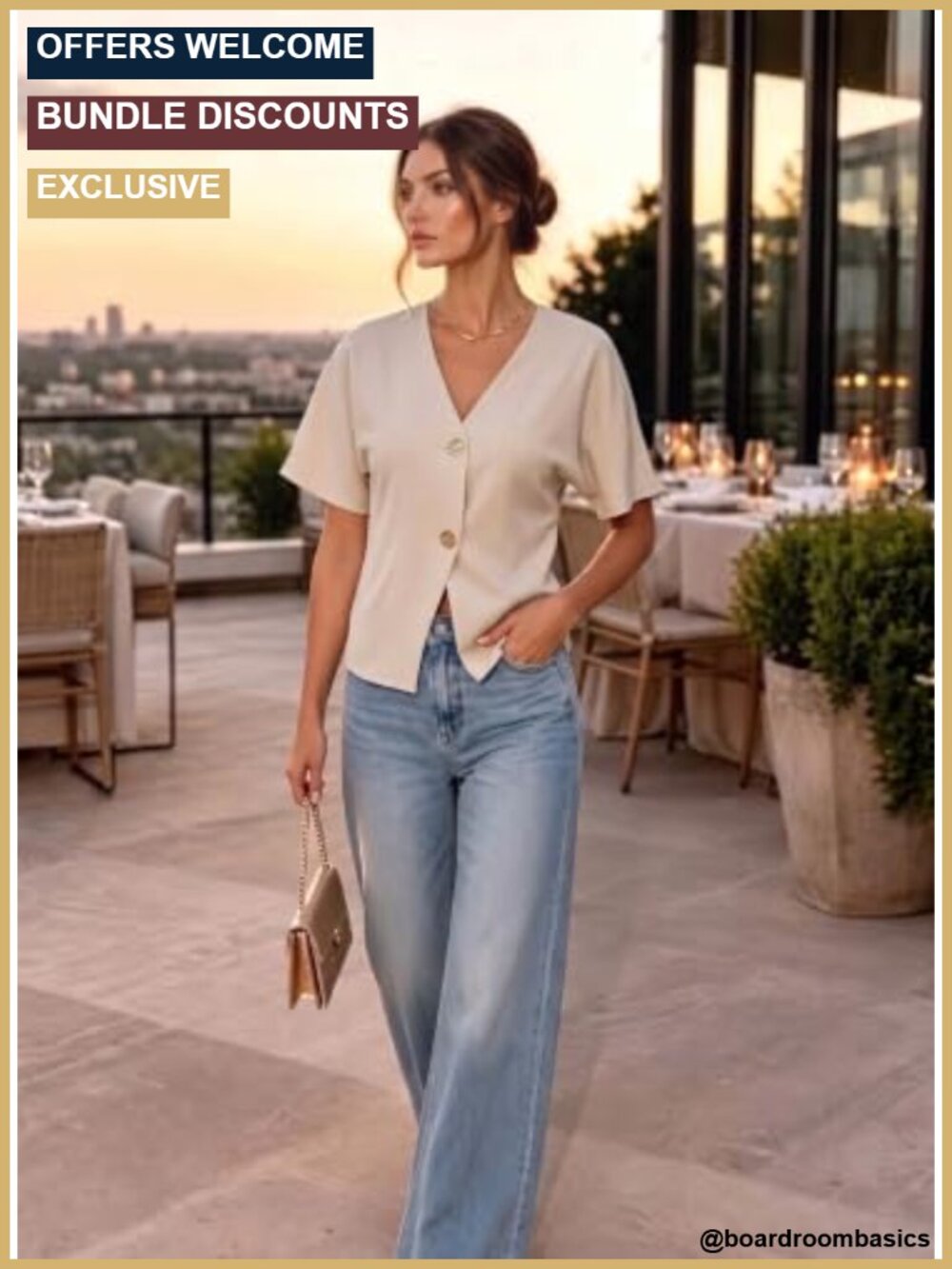 EVALESS Business Casual Blouse Short Sleeve V-Neck Gold Buttons Asymmetric Hem - Picture 4 of 6